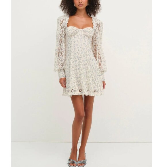 NWT FOR LOVE AND LEMONS DONNA WHITE LACE MINI DRESS WITH BLUE FLORAL PRINT M - Picture 1 of 10